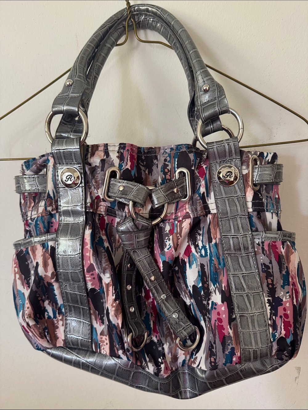 Metallic Gray Strap Tote with Multicolor Print